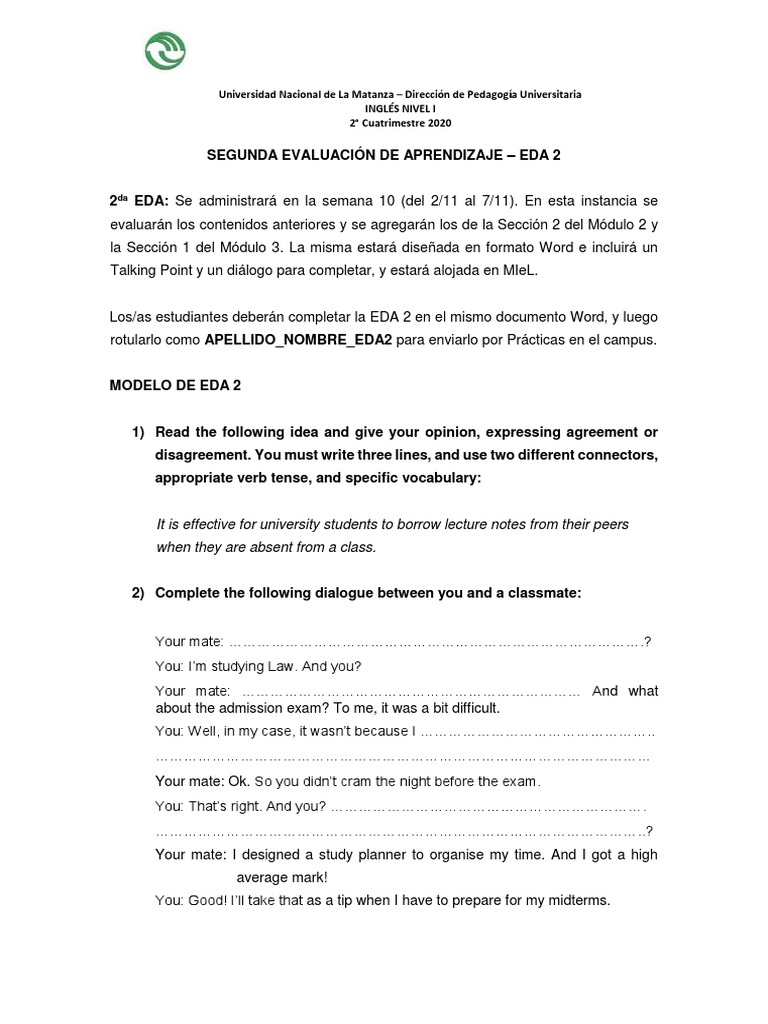 EDA 2 Evaluation for English Level I | PDF