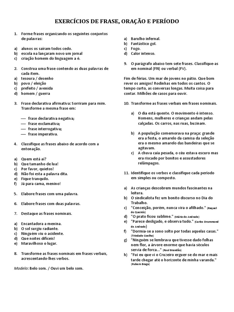 Exercícios de frase, oração e período - revisão | PDF