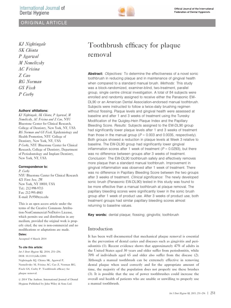 Toothbrush Efficacy For Plaque Removal | PDF | Oral Hygiene | Toothbrush
