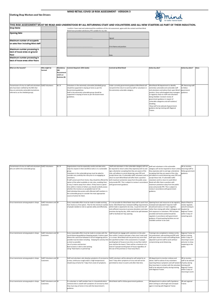 Risk Assessment Version 3 Core Shops and Drivers | PDF | Retail ...