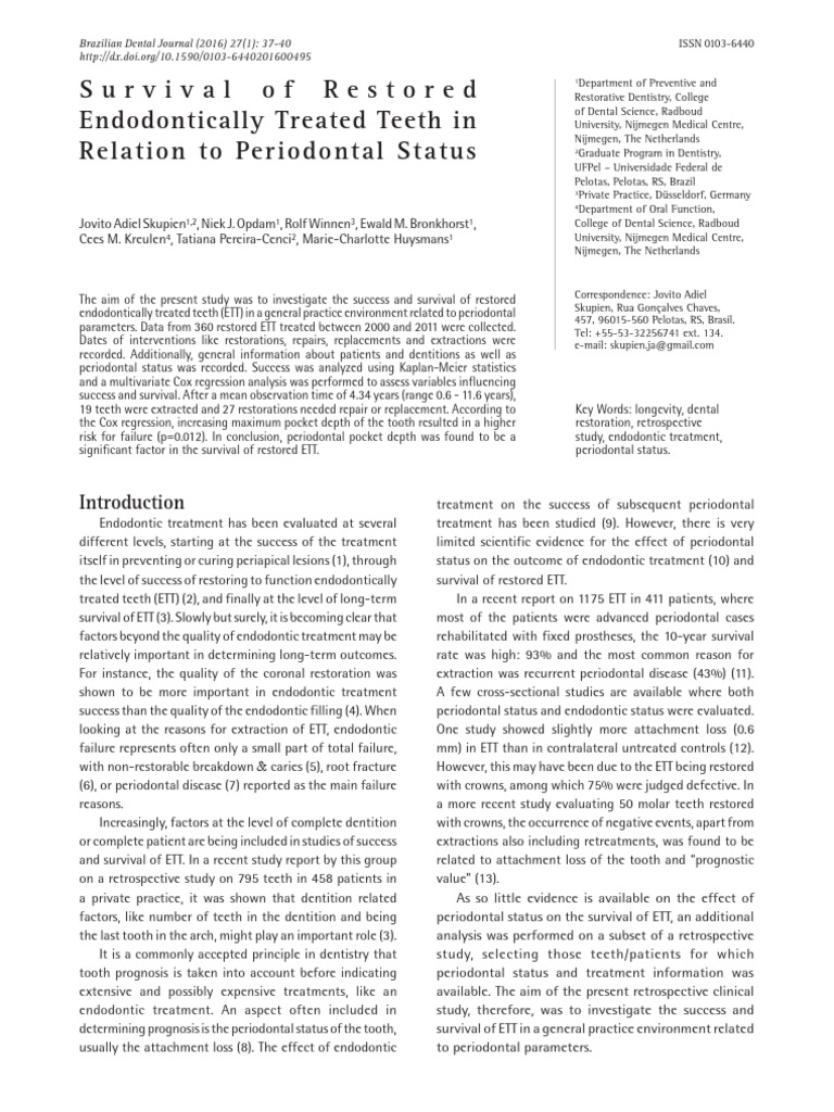 Survival of Restored Endodontically Treated Teeth in Relation To ...