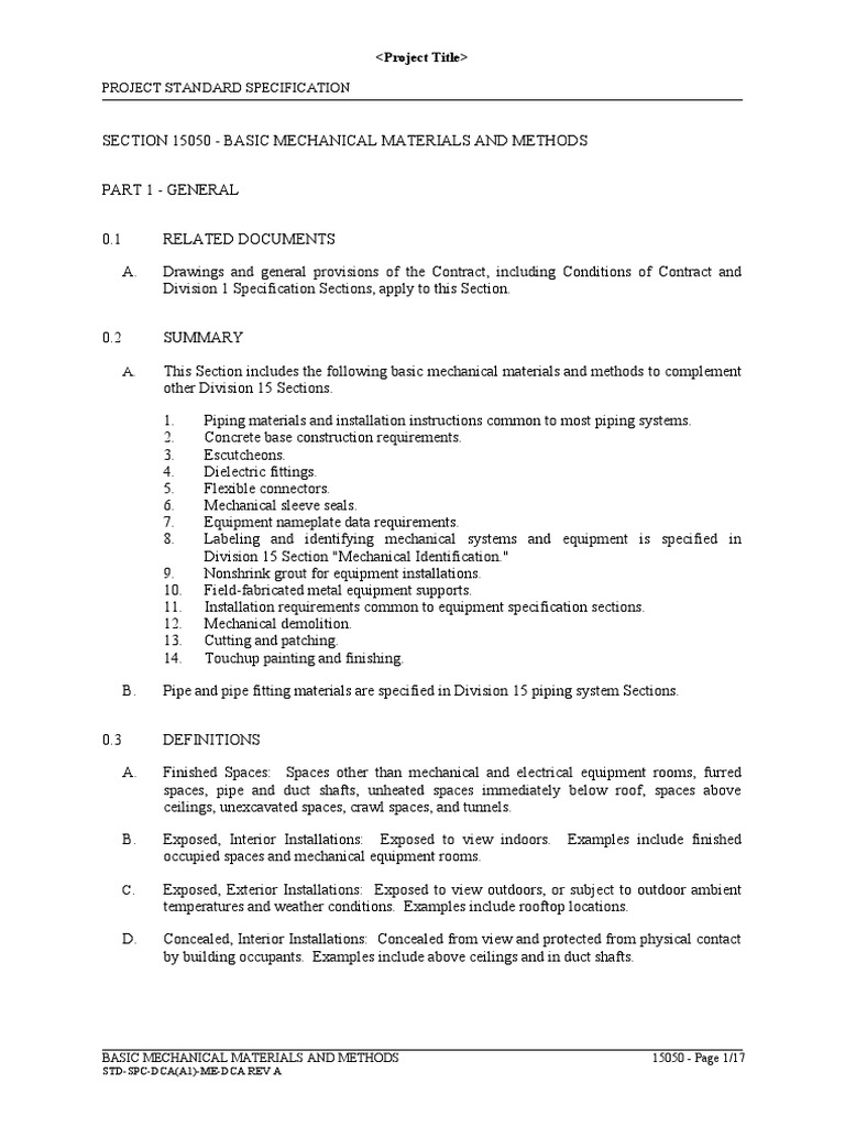 Project Standard Specification: Basic Mechanical Materials and Methods ...