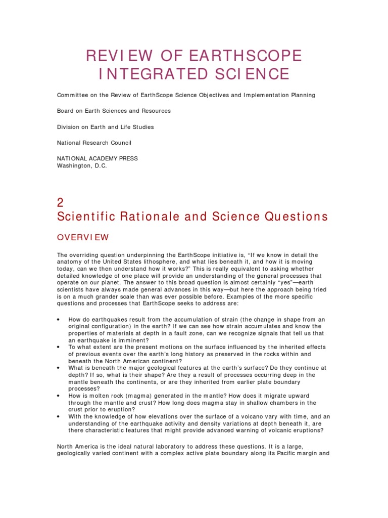 Review of Earthscope Integrated Science: 2 Scientific Rationale and ...