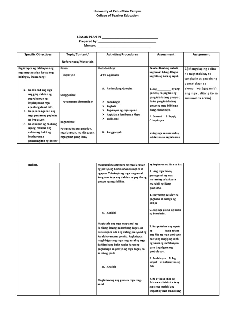 4a S Lesson Plan Implasyon