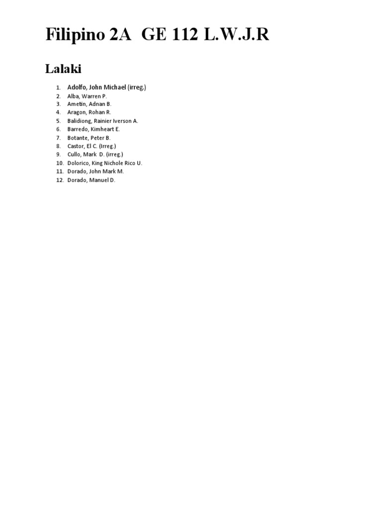 Filipino 2A GE 112 Student List | PDF