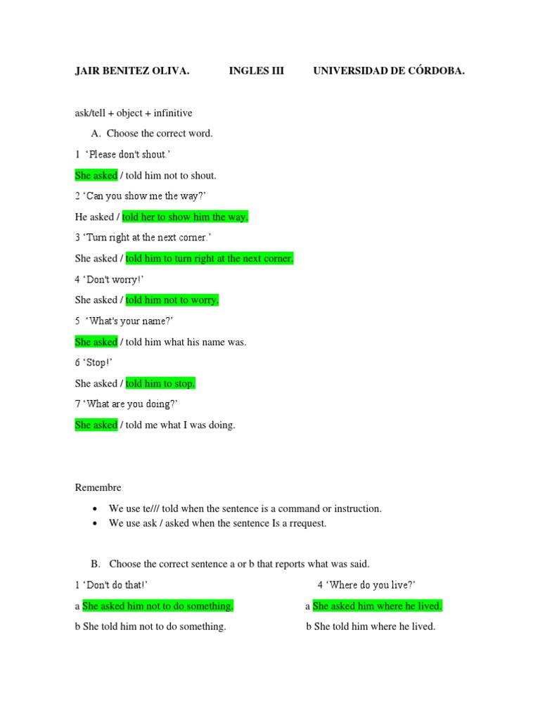 Reporting Speech: Ask and Tell Rules | PDF