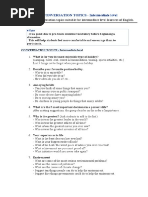 CONVERSATION TOPICS - Intermediate