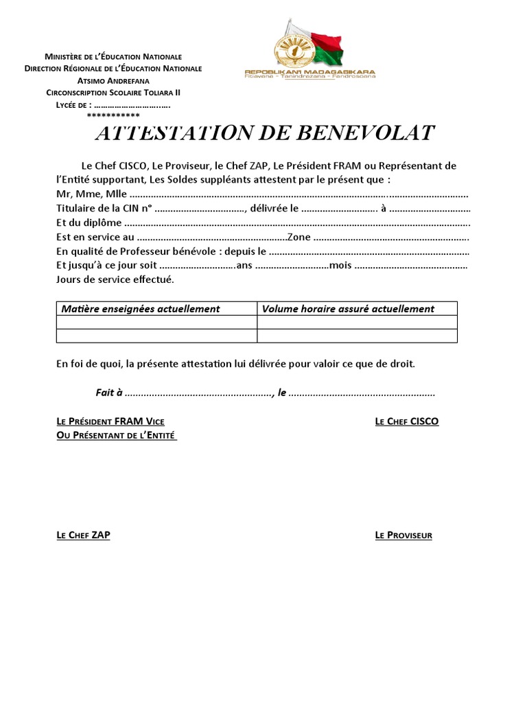 Attestation de Benevolat Modele PDF