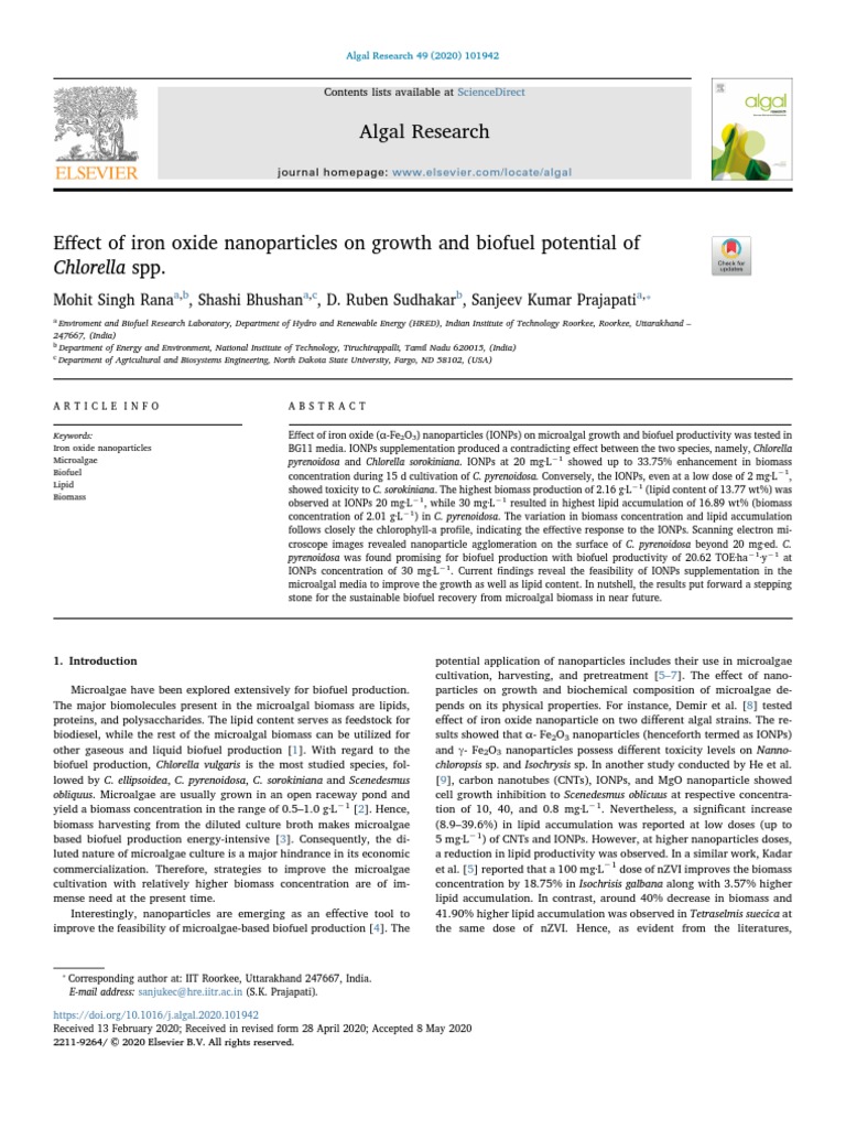 2020 - Effect of Iron Oxide Nanoparticles On Growth and Biofuel ...