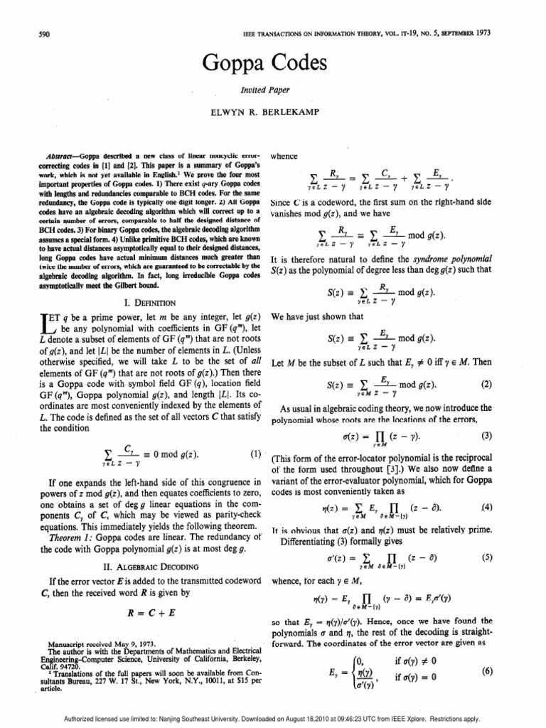 (IEEE-1973) Goppa Codes PDF | PDF | Mathematical Analysis | Abstract ...