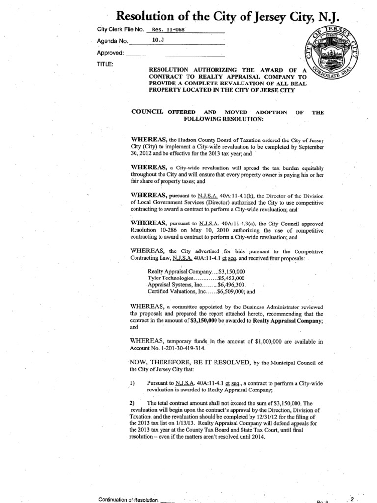 Contract for Jersey City's Property Tax Revaluation Real Estate