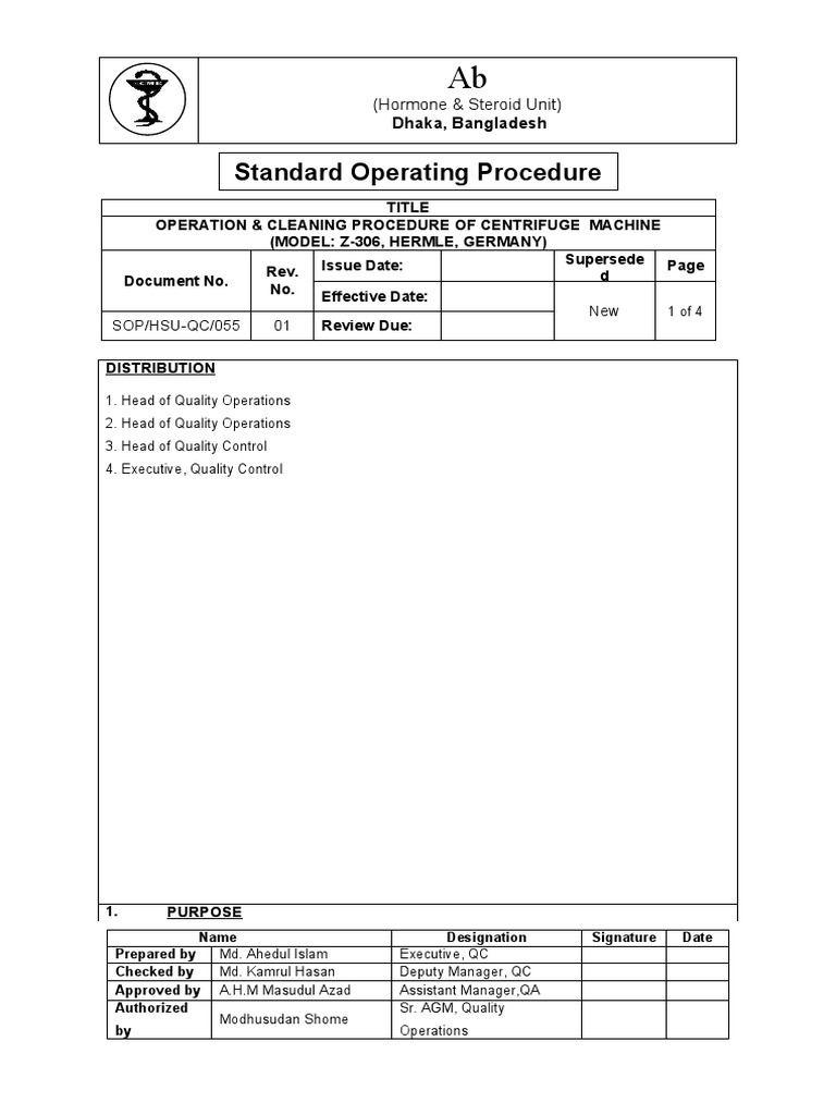 Standard Operating Procedure for Operating and Cleaning a Centrifuge ...