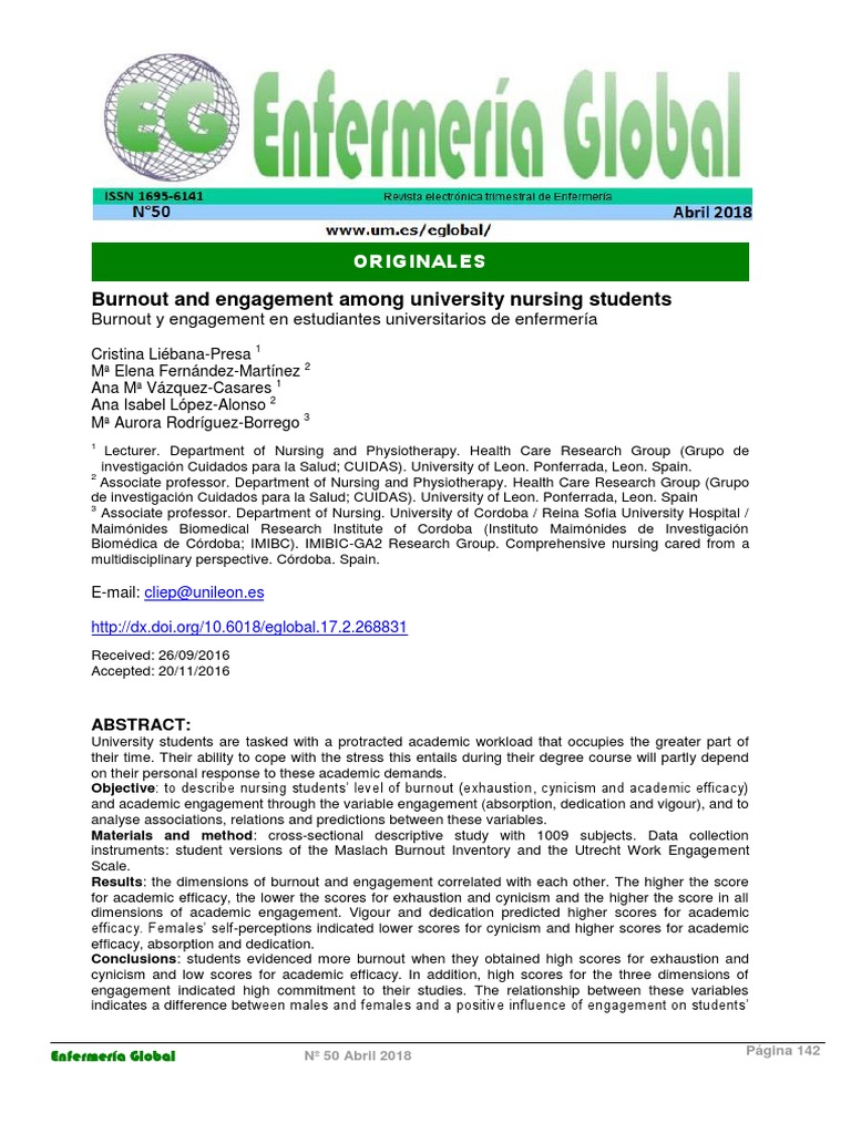 Burnout and Engagement Among University Nursing Students PDF | PDF ...