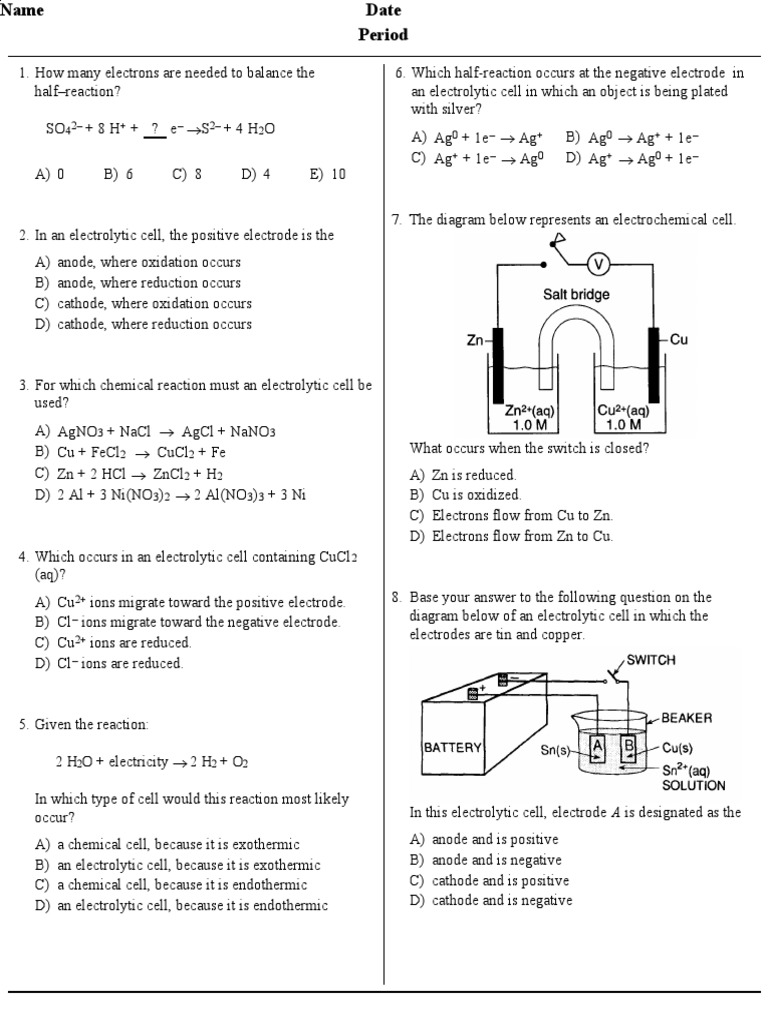 Electrochemistry With Answers PDF Electrochemistry Redox