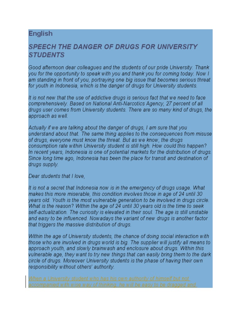 Speech The Danger of Drugs For University Students: English | PDF ...