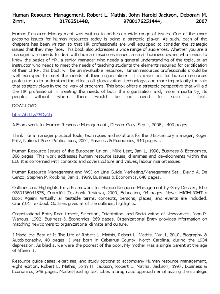 Human Resource Management Robert L Mathis John Harold Jackson