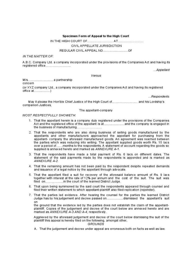 High Court Civil Appeal Format Specimen | PDF | Lawsuit | Judgment (Law)