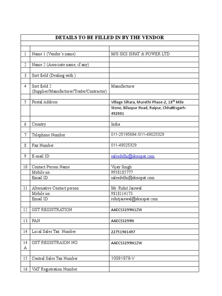 Vendor Registration Details for GST | PDF | Value Added Tax | Payments