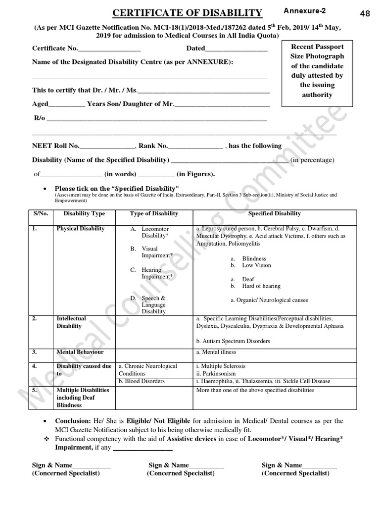 Certificate of Disability for Medical Admission | PDF | Visual ...