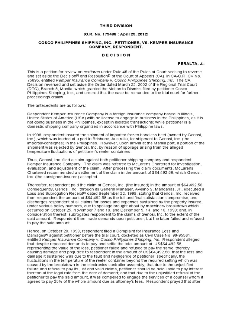 Cosco VS Kemper Insurance (Full Case) PDF Complaint Estoppel