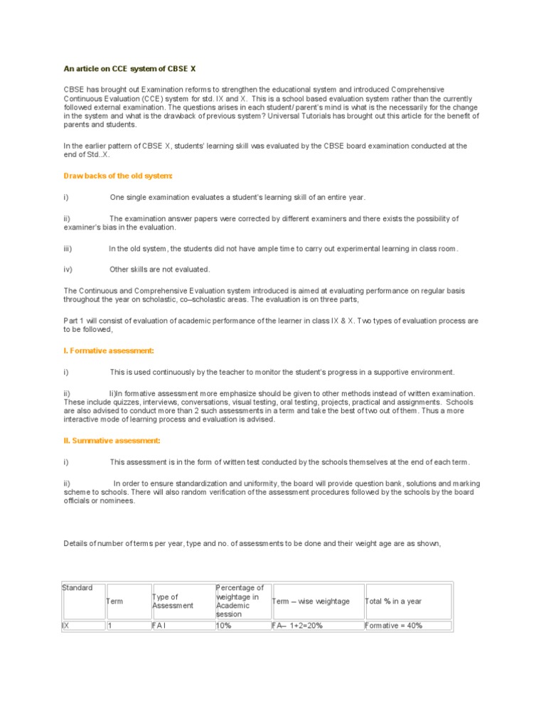 CBSE CCE System for Class IX & X Explained | PDF | Test (Assessment ...