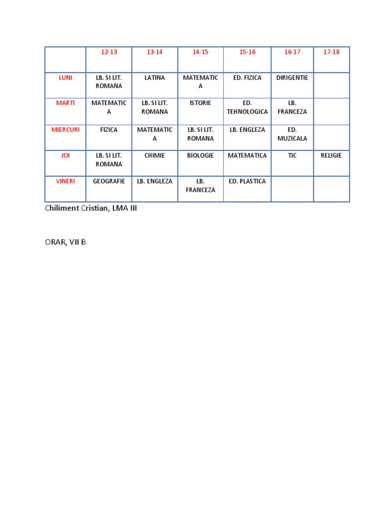 Model Orar Clasa VII | PDF