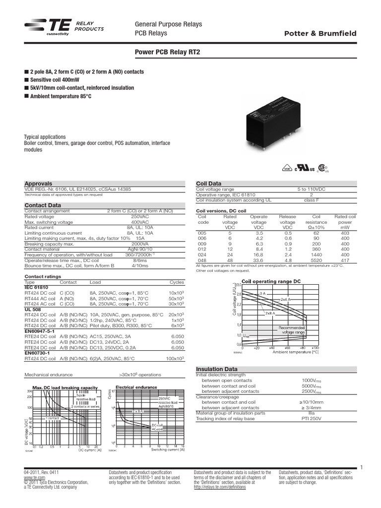 Potter & Brumfield Power PCB Relay RT2 General Purpose Relays PCB Relays PDF Relay