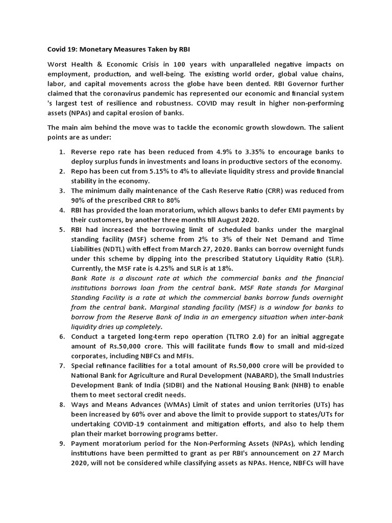 Covid 19: Monetary Measures Taken by RBI | PDF | Reserve Bank Of India ...