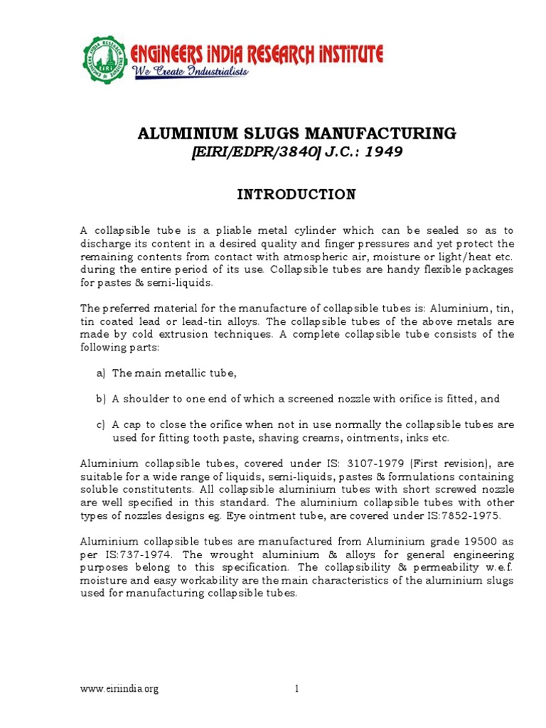 Aluminium Slugs for Tube Manufacturing | PDF | Extrusion | Pipe (Fluid ...