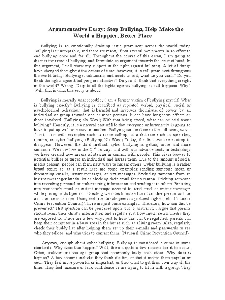 Argumentative Essay | PDF | Bullying | Cyberbullying