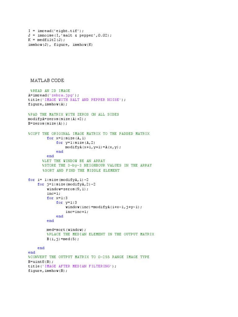 Matlab Code:: 'Zebra - JPG' 'Image With Salt and Pepper Noise' | PDF