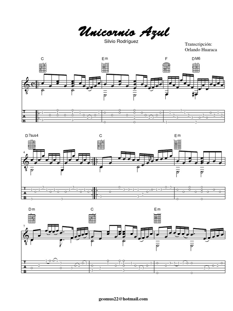Unicornio Azul - Silvio Rodriguez - Transcripcion Orlando Huaraca -  Partitura de Guitarra & TAB | PDF | Théorie de la musique | Éléments de la  musique