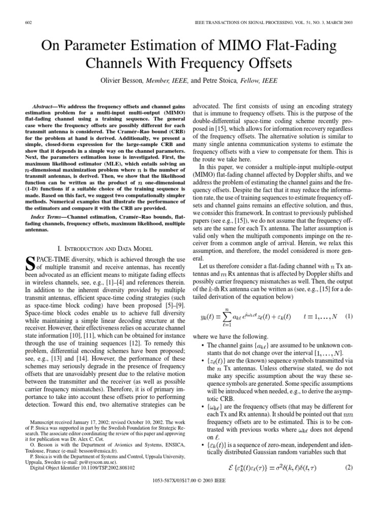 On Parameter Estimation of MIMO Flat-Fading Channels With Frequency ...