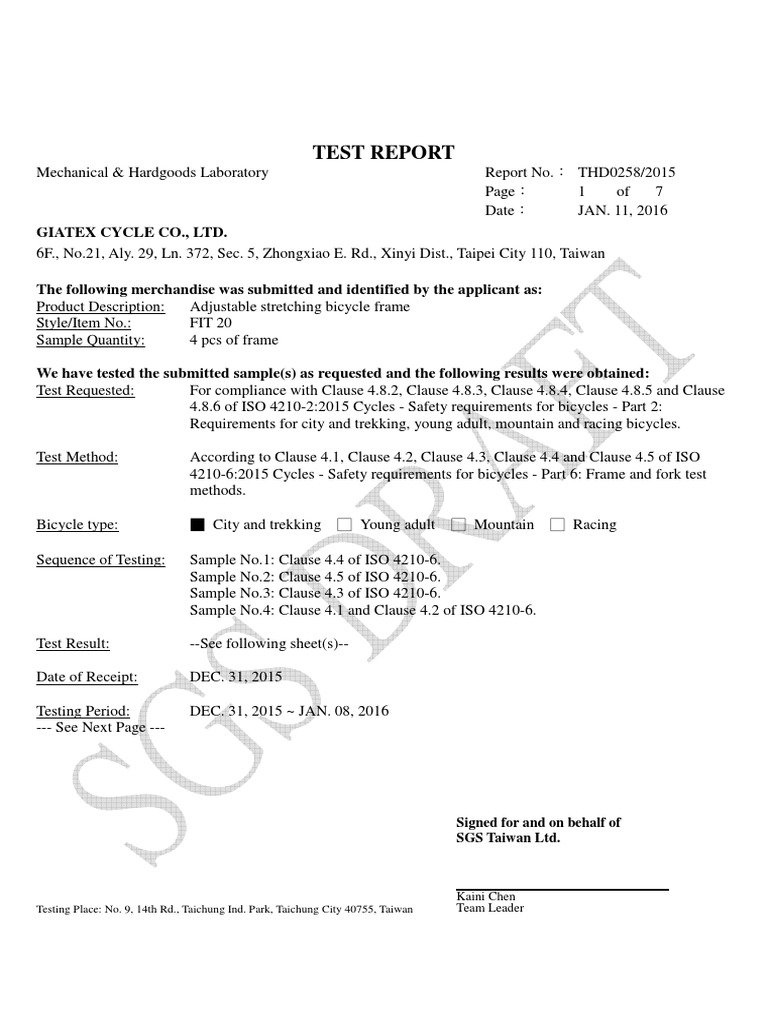 Adjustable Stretching Bicycle Frame Compliance Test Report PDF