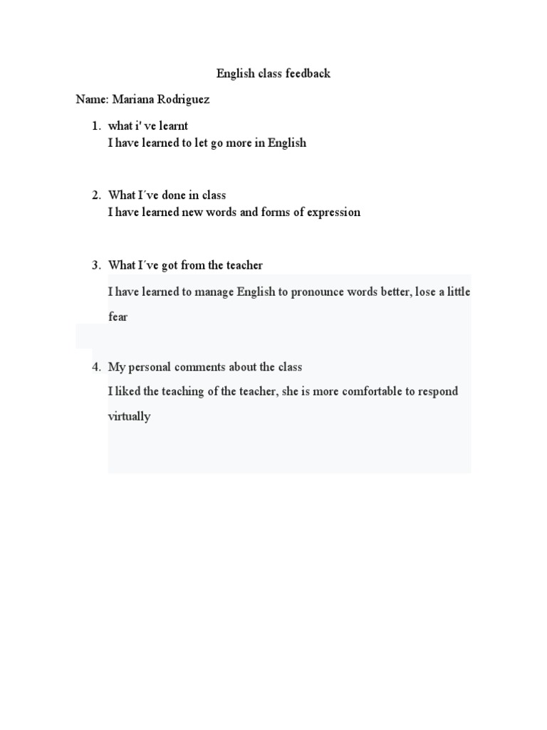 Spoken English Class Feedback Sample