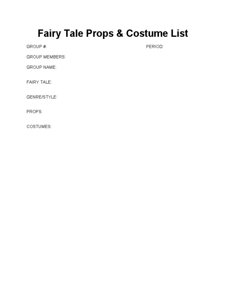 Fairy Tale Props & Costume List PDF