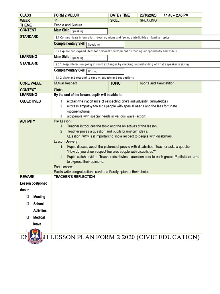 English Lesson Plan Form 2 2020 (Civic Education) | PDF | Lesson Plan ...