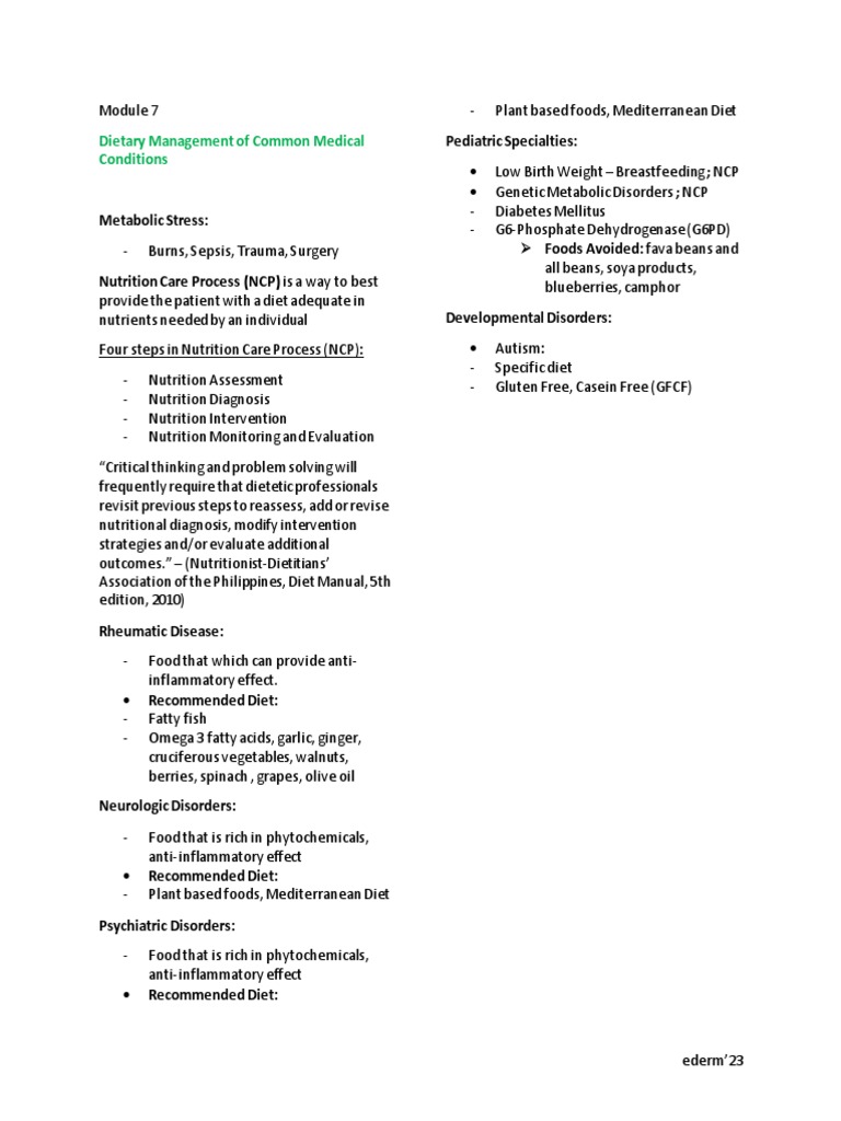Dietary Management of Common Medical Conditions: Pediatric Specialties ...