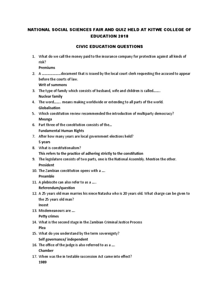 Civic education questions | pdf | elections | constitution