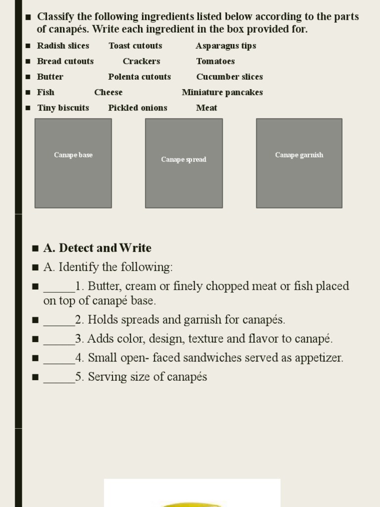 Of Canapés. Write Each Ingredient in The Box Provided For | PDF