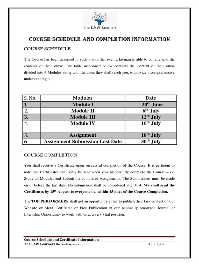 Course Schedule and Completion Information: S. No. Modules Date 1. 2. 3 ...
