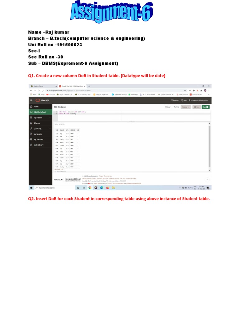 DBMS Assignment: Student Table Queries | PDF