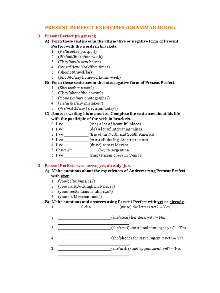 Present Perfect Exercises Grammar Book PDF