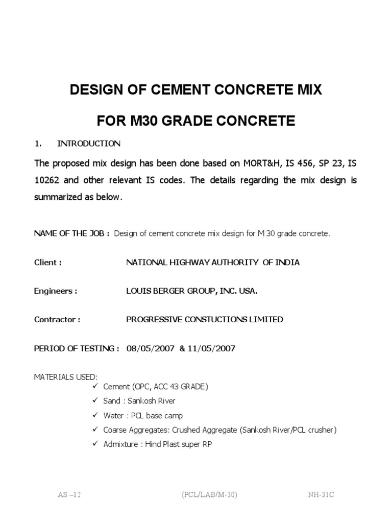 Design of Cement Concrete Mix For M30 Grade Concrete PDF Concrete