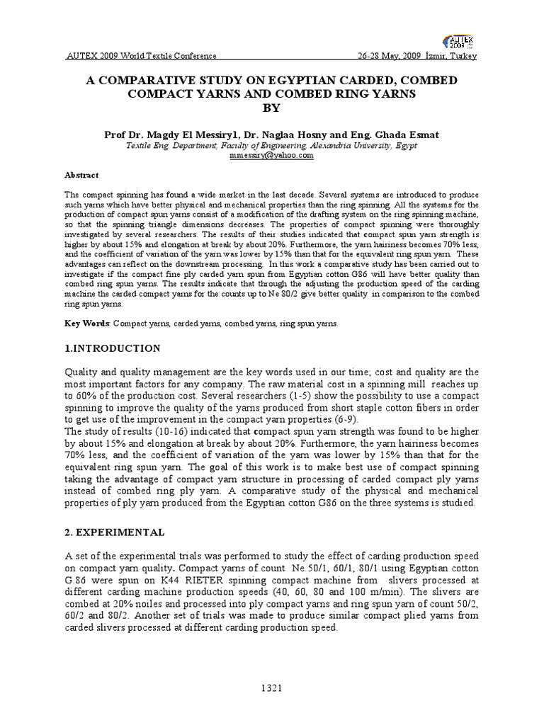 Comparative Study of Compact Yarns | PDF | Spinning (Textiles) | Yarn