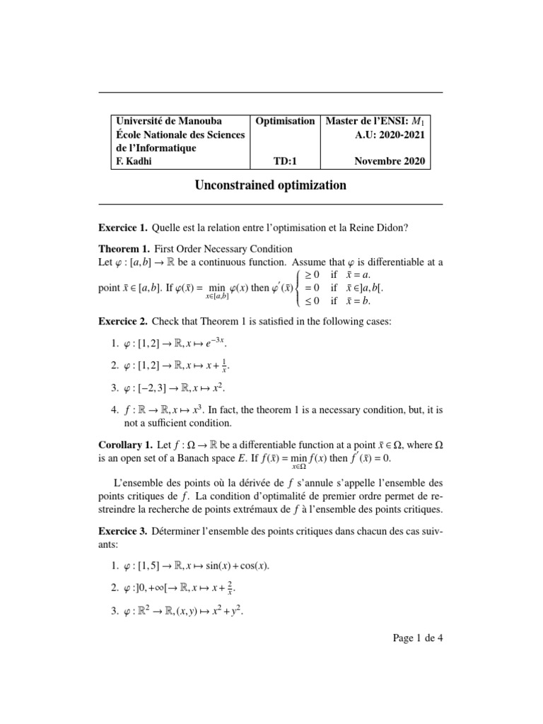 Td1 Optimisation M121 Mathematical Optimization Functions And Mappings
