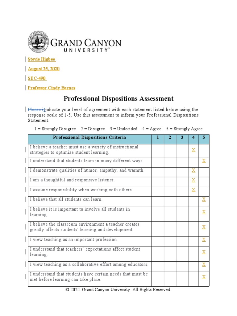 Professional Dispositions Assessment Complete | PDF | Teachers | Learning