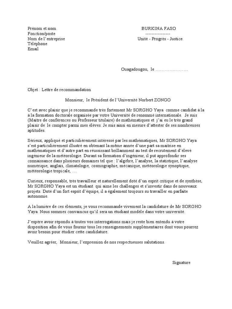 Lettre De Recommandation D un Prof Pour Un étudiant Pdf Lettre de Recommandation | PDF