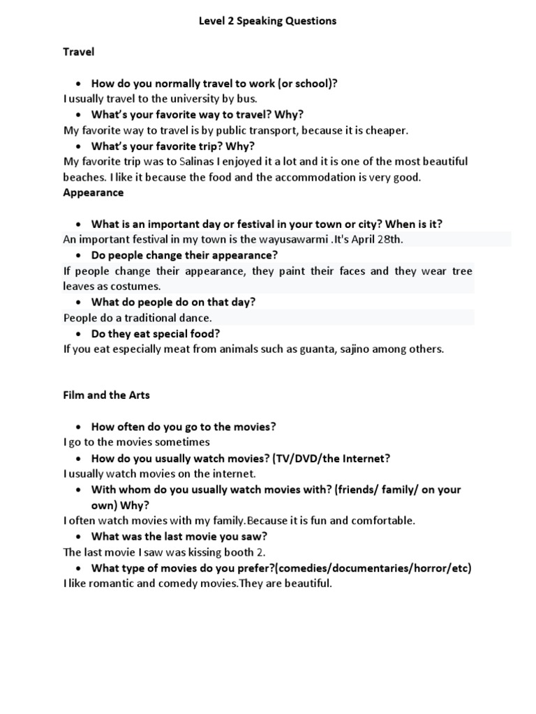 Level 2 Speaking Questions Overview | PDF | Equator | Tourism