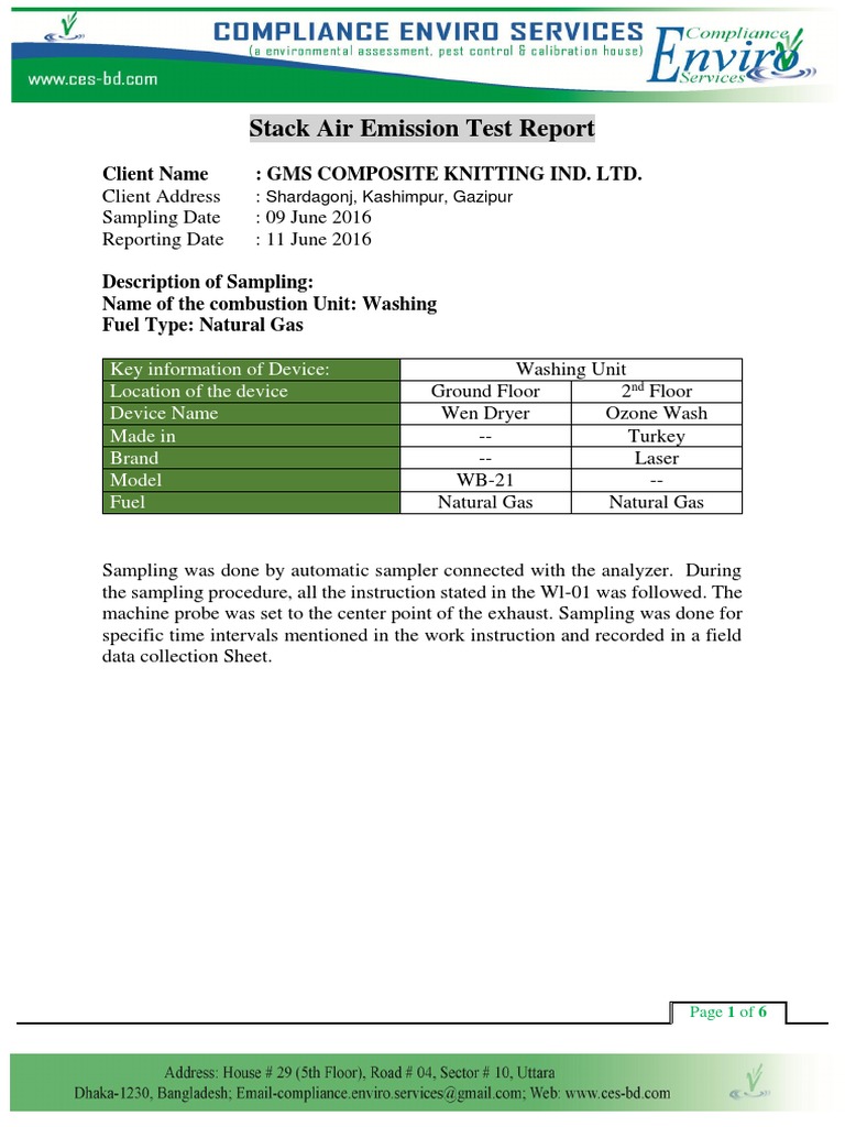 GMS Air Emission Test Report 2016 | PDF | Carbon Monoxide | Air Pollution